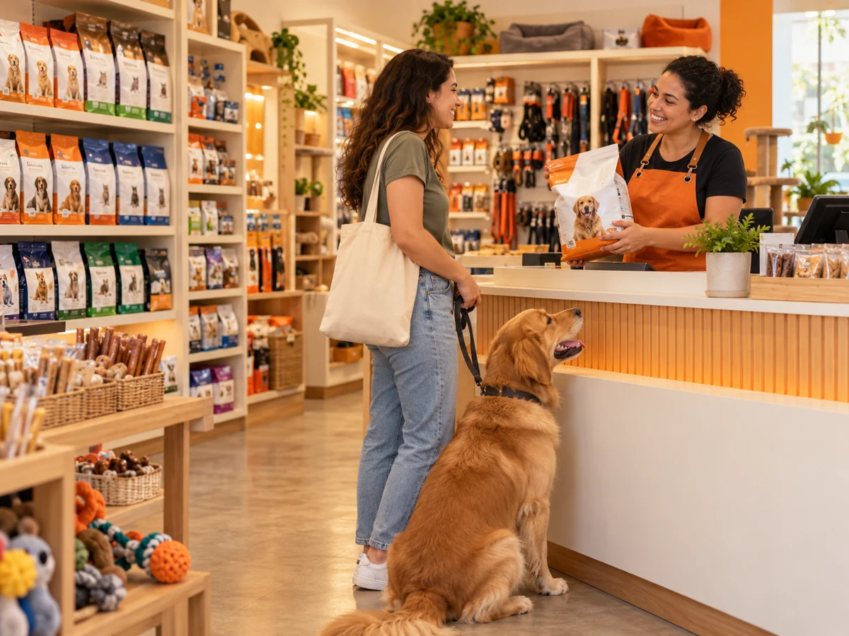 Imagem demonstrativa de cliente, cachorro e atendente em um petshop