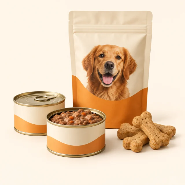Latas de alimento úmido, embalagem de petiscos e biscoitos